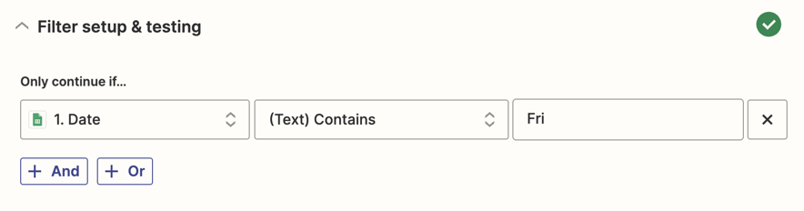 Screenshot in the Zap editor of how to set up the filter to only trigger on Fridays.png