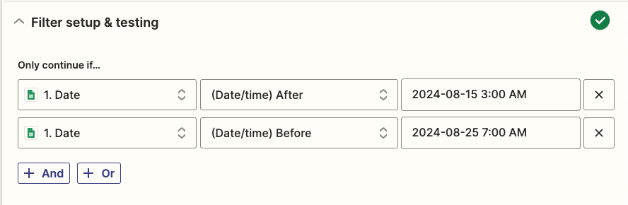 Screenshot of setting up the filter in the Zap editor to not run during a certain time period