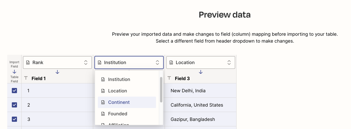 The Preview data screen is shown, with one of the column header dropdowns clicked open to show how you can change the field a column will be added to
