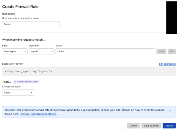 Screenshot of how to set up a firewall rule for Zapier in Cloudflare.png