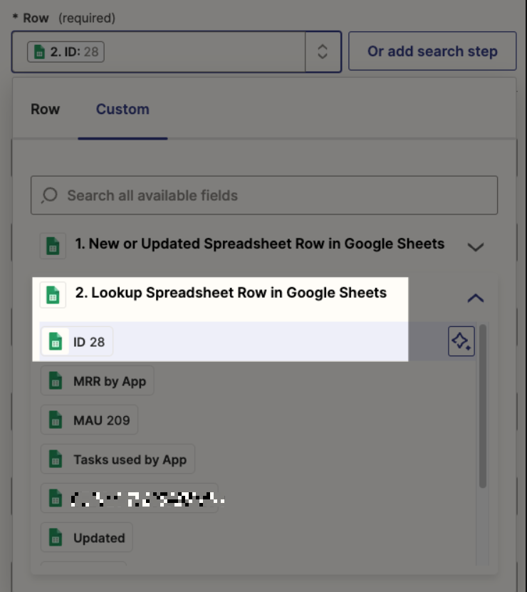 For Google Sheets select ID as the Row ID in the Zap editor.png