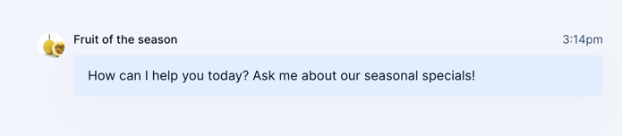 A chatbot conversation, showing an icon of a fruit as the avatar for a chatbot.