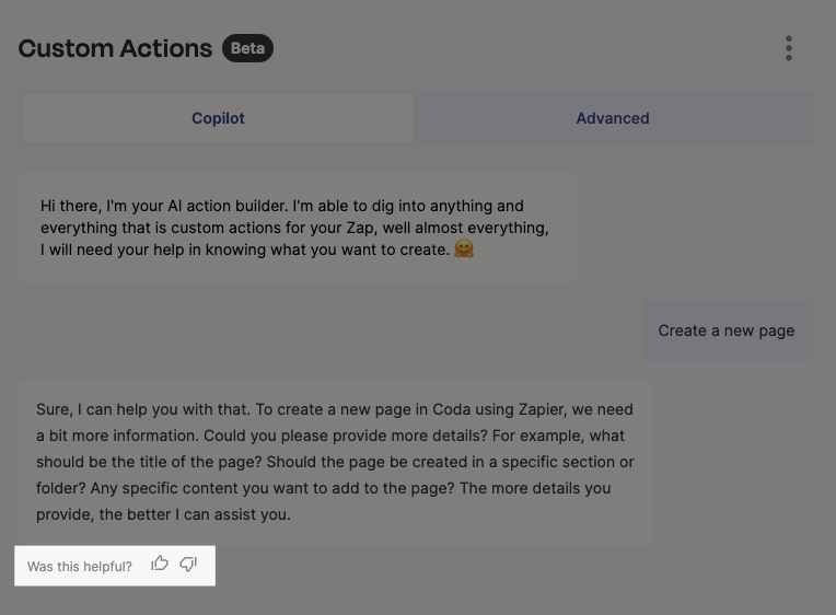Give Copilot feedback on conversations when creating a custom action.png