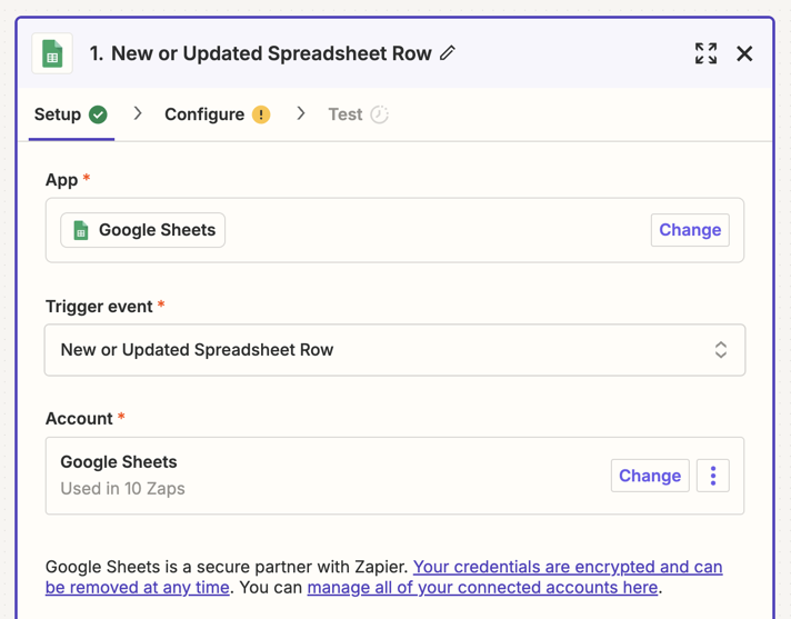 Trigger Setup tab with all fields filled in