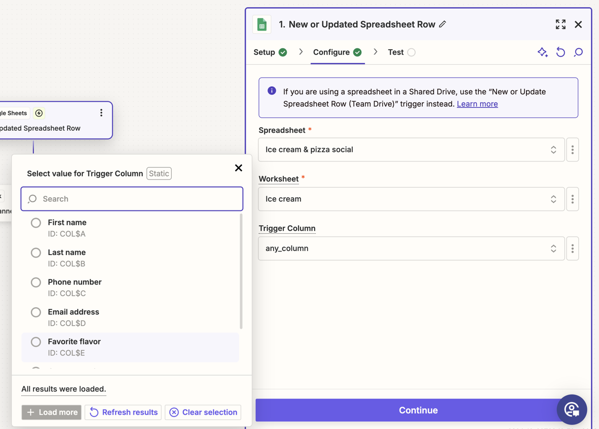 Trigger Configure tab with all fields filled in, with swing out menu open for Trigger Column field