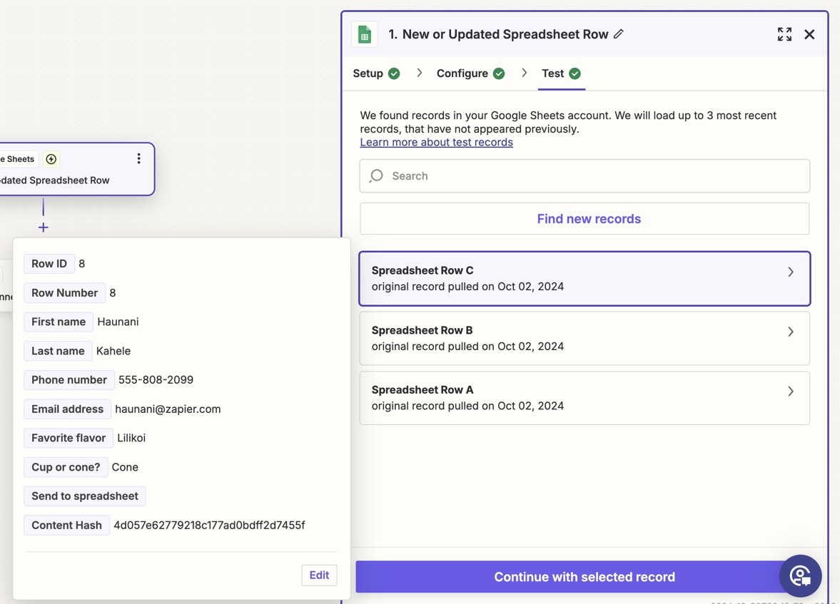 Trigger Test tab displaying test records, with swing out menu open and displaying a specific test record's data
