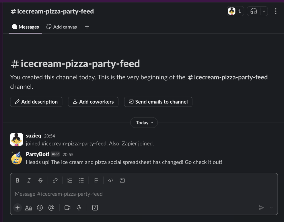 Slack message posted during live test