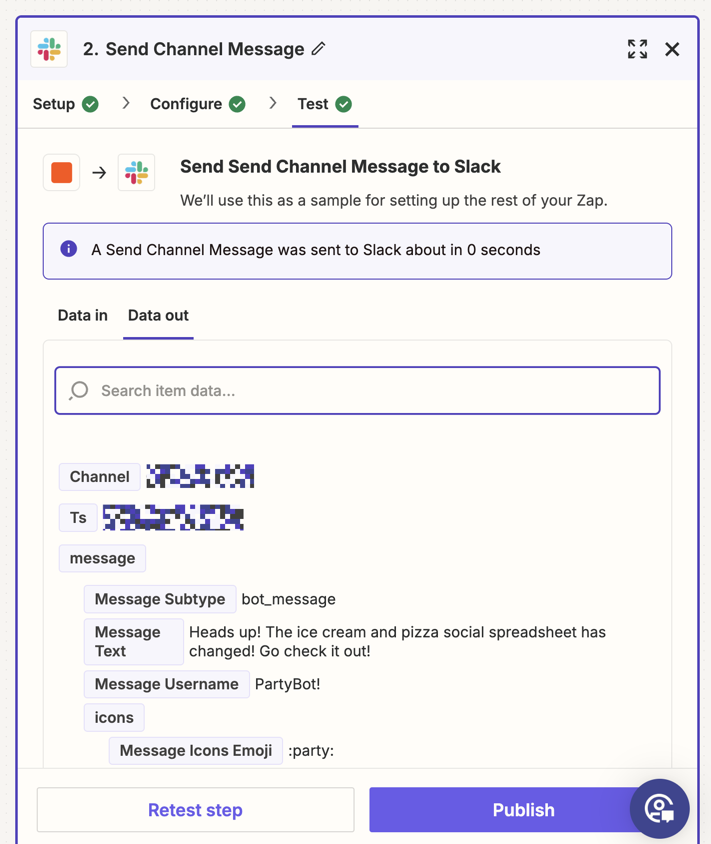 Action Test tab displaying info that the app returned to Zapier in the Data out tab