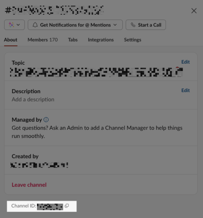 Slack UI showing channel ID