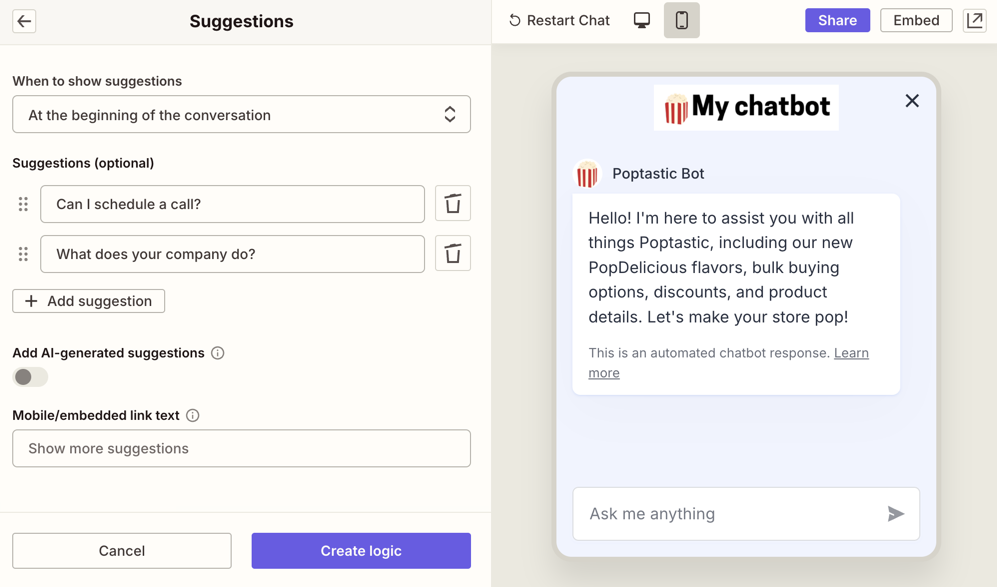 a chatbot setup screen showing setup for the Suggestions logic type
