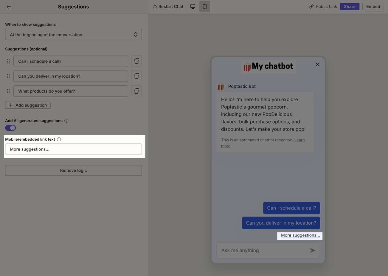 Chatbot suggestions logic type setup screen highlighting the embed link text