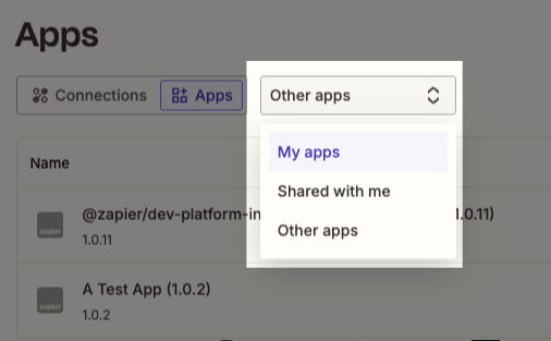 App Connection page within the App tab highlighing the dropdown field to filter different types of apps.png