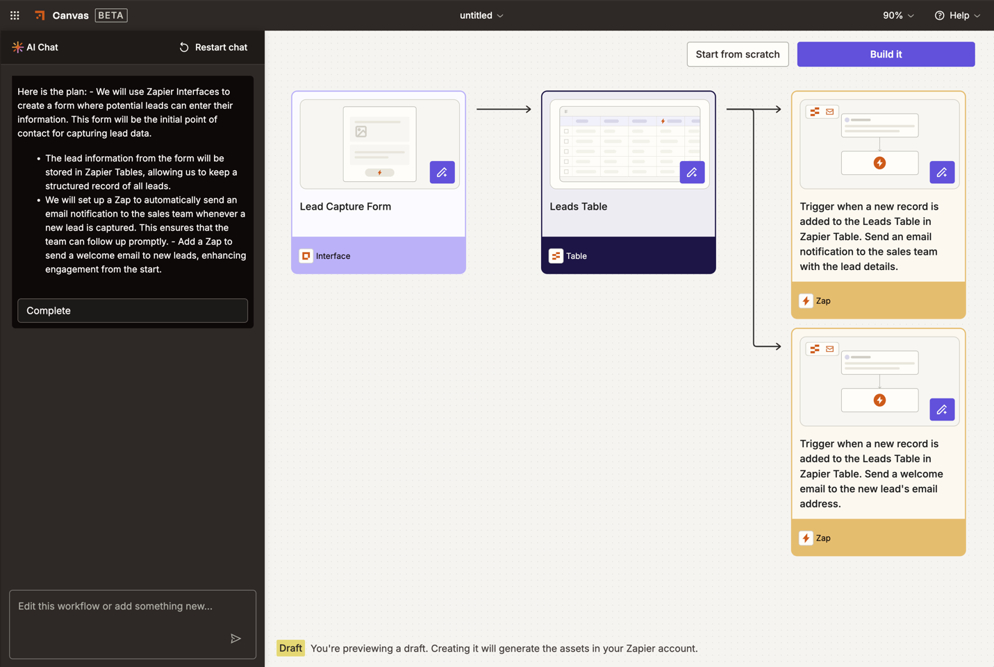 Draft canvas showing the AI chat on the left