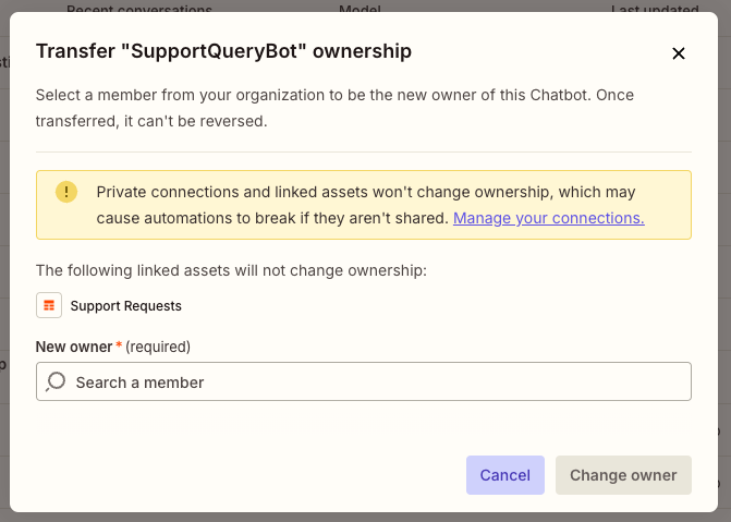 A dialog box where you can select a new owner for a Zapier chatbot.