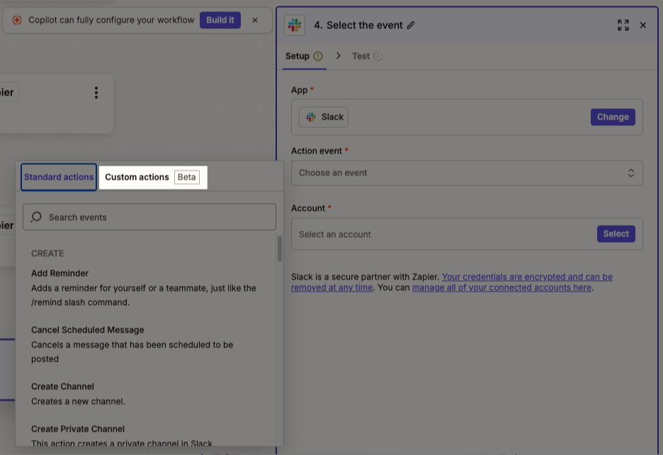 Custom actions tab within the Zap editor