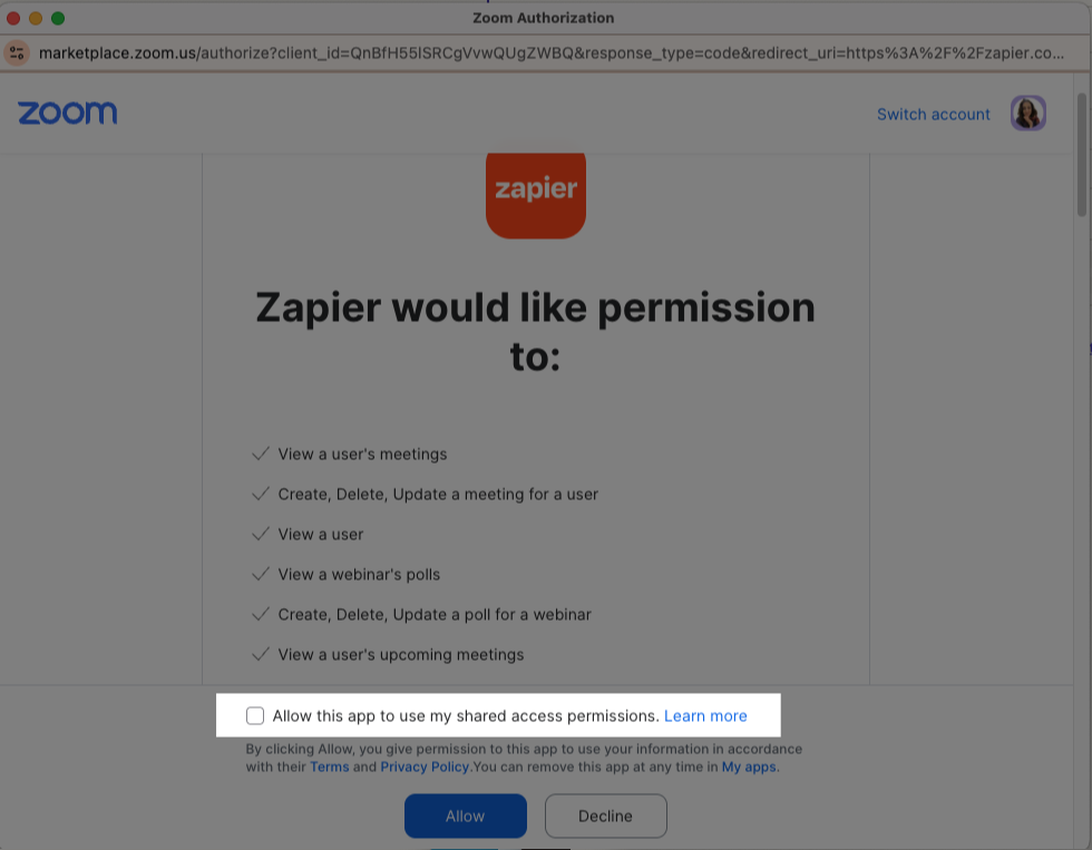 Zoom select allow this app to use my shared access permissions.png