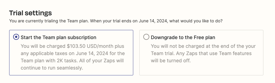 Team trial payment settings in Billing & Usage page