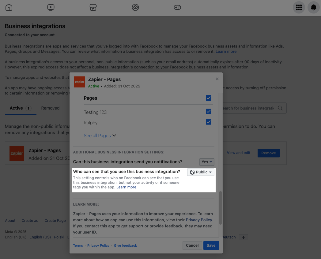 Facebook Pages Business Integration settings.png