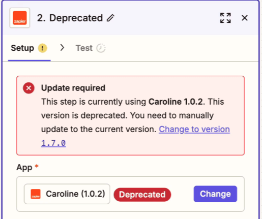 deprecrated app version in the Zap editor.png