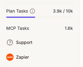 Sidebar of the Zapier MCP dashboard showing Plan Tasks and MCP Tasks counters