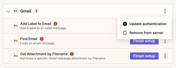 Gmail app group with the menu open showing Update authentication and Remove from server options