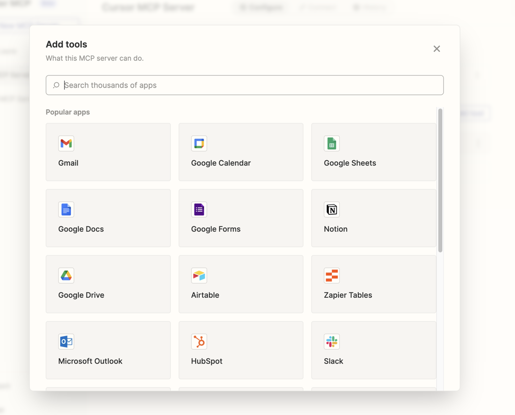 Add tools dialog box with a search box and a grid of popular apps to choose from